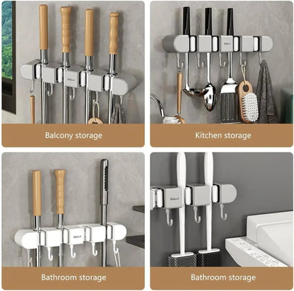 Wall-Mount Tool Organizer for Brooms, Mops & Household Items – Space-Saving Storage Rack for Garage, Closet & Utility Room – Sturdy Grip Hol