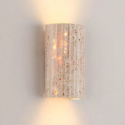 Stone Textured Half-Cylinder LED Indoor Sconce – Travertine Wall Fixture for Bedroom Hallway Living Room – Hardwired E27 Socket 9W Warm Glow