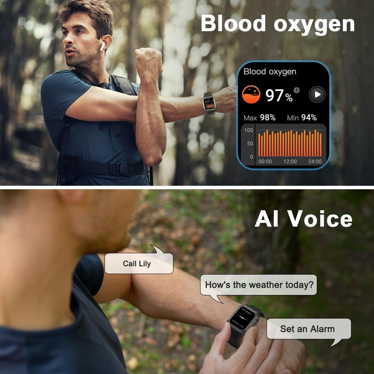 Wayne | Montre connectée militaire pour homme avec suivi de la condition physique & conception étanche | Surveillance de la santé tout-terrain pour modes de vie actifs