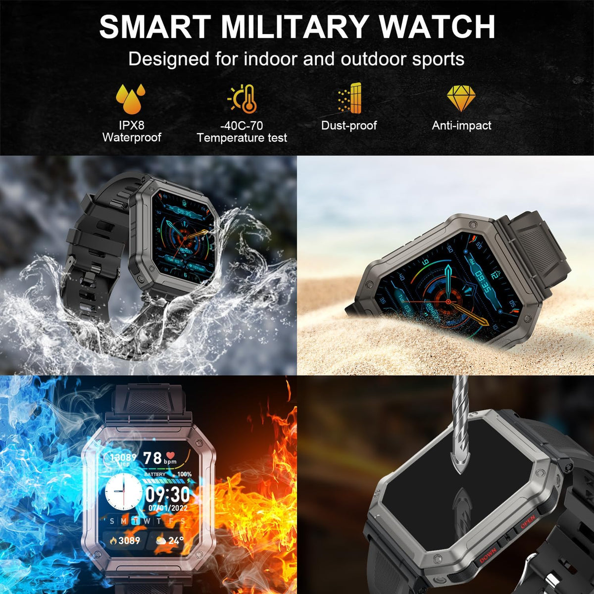 Wayne | Montre connectée militaire pour homme avec suivi de la condition physique & conception étanche | Surveillance de la santé tout-terrain pour modes de vie actifs