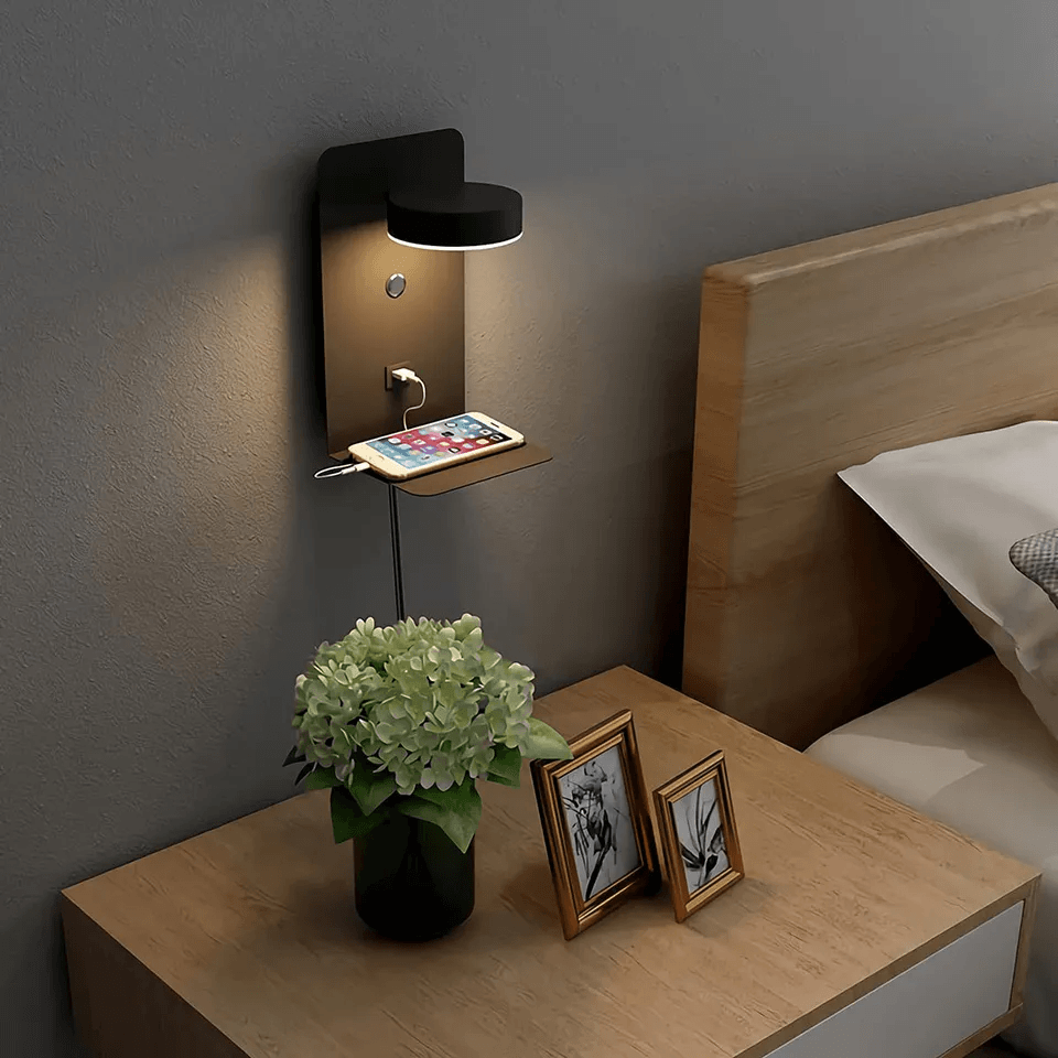 Wearclo | Adjustable Wall Lamp with Charging Shelf & Eco-Friendly LED | Stylish Lighting Solution for Convenience