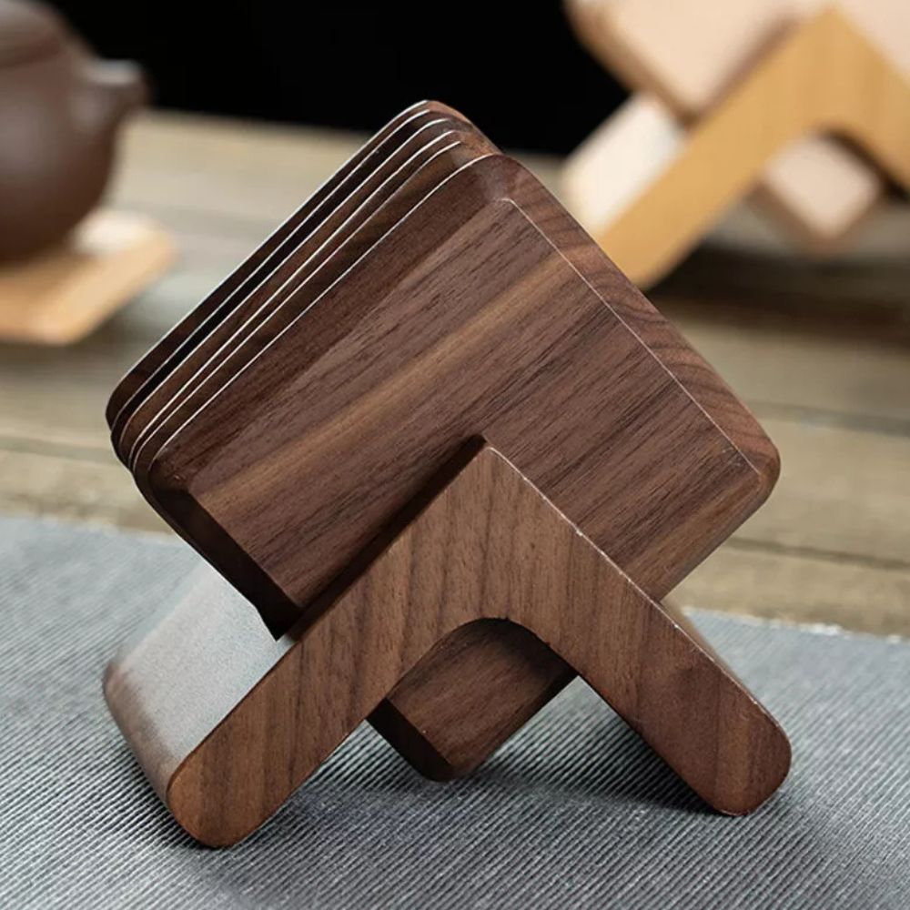 Wesley Coaster Set - Black Walnut and Beech, 6 Pieces with Holder