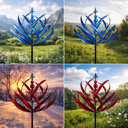 Metal Garden Wind Spinner Kinetic Yard Sculpture Dual-Spin Weather Vane Ornament Outdoor Lawn Stake Flower Petal Rotating Art for Patio Yard