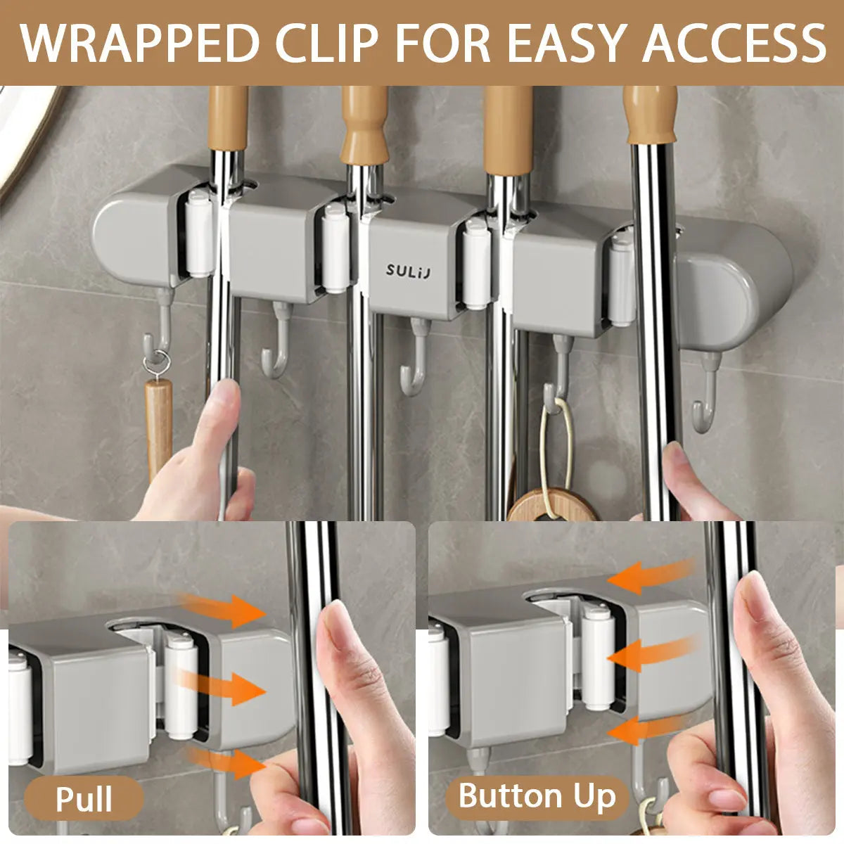 Wexley Wall Mount Organizer - Plastic and Stainless Steel, Broom Holder