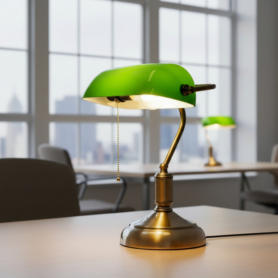 Classic Banker Desk Lamp with White Glass Shade & Antique Brass Base for Home Office Reading