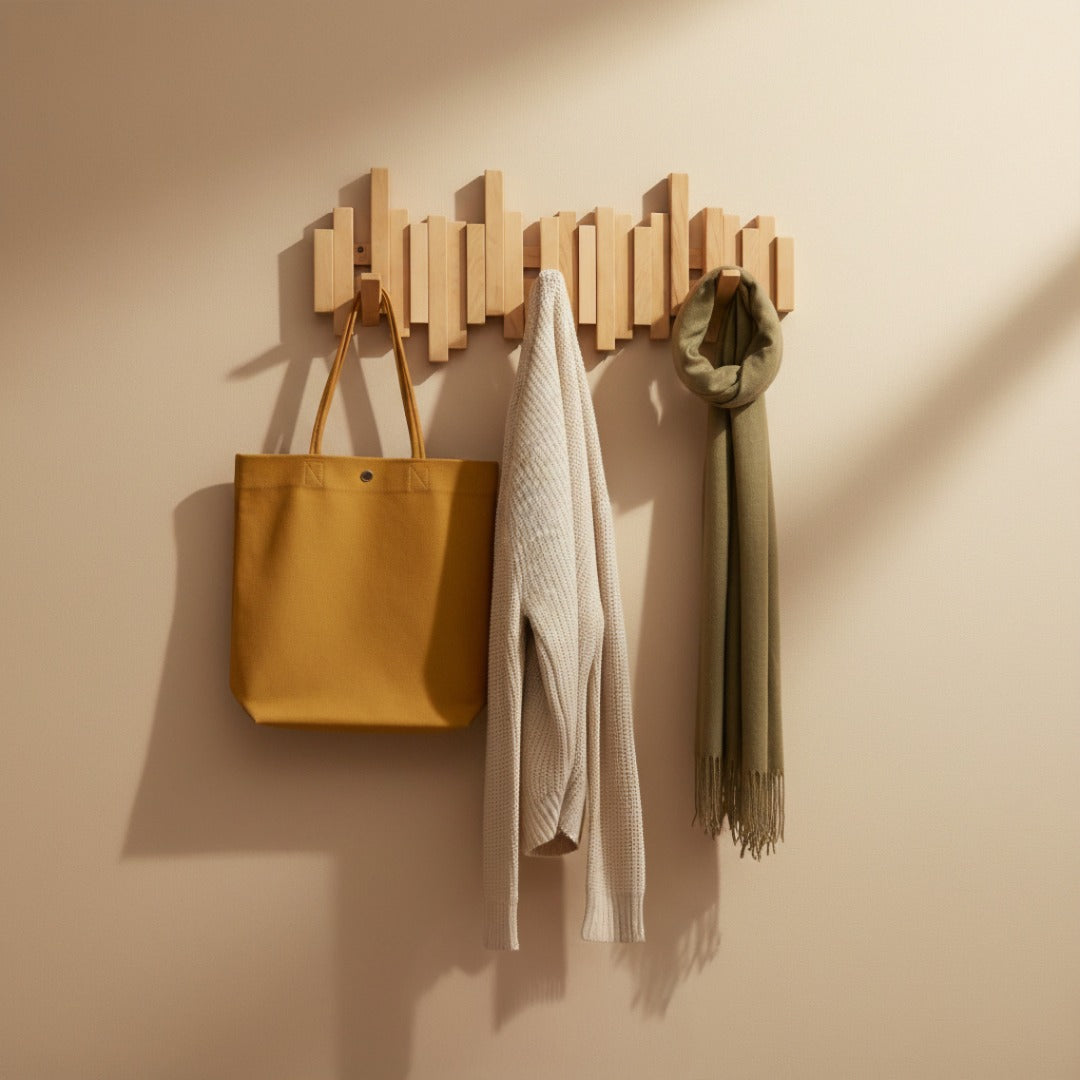 Wall-Mounted Coat Rack with Fold-Down Hooks — Solid Wood Piano Key Design for Entryway Bedroom Hallway Mudroom