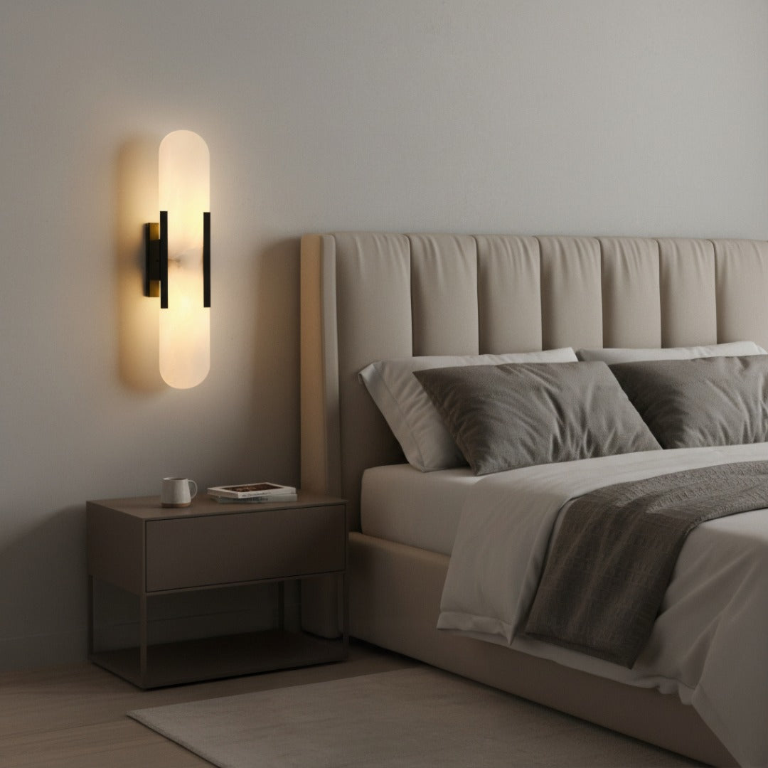 Marble Wall Sconce with Brass Finish - Modern Accent Light for Living Room, Bedroom, Hallway - Natural Stone Texture Ambient Lighting - G9