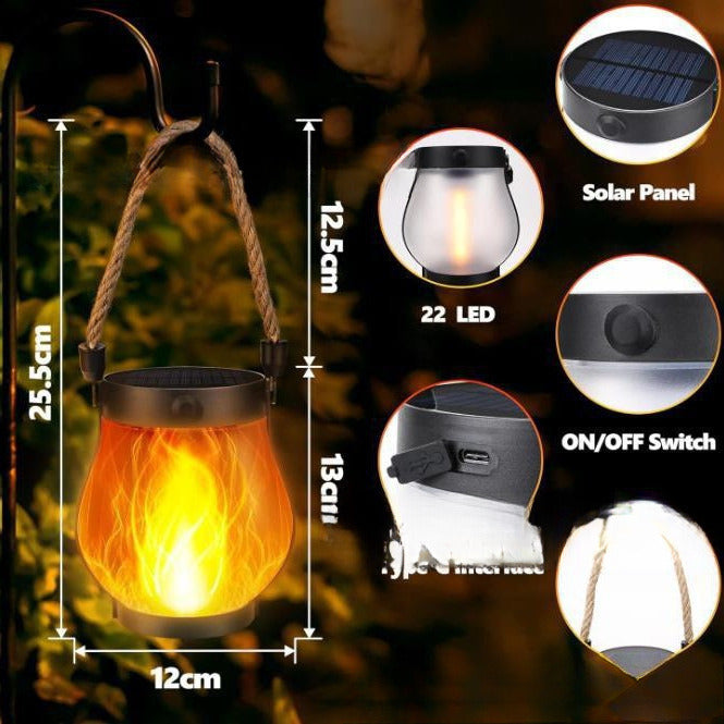 Flickering Flame Outdoor Lantern with Solar Panel 10 in Tall Glass LED Garden Light Waterproof Hanging Patio Decoration Dusk Sensor USB Back