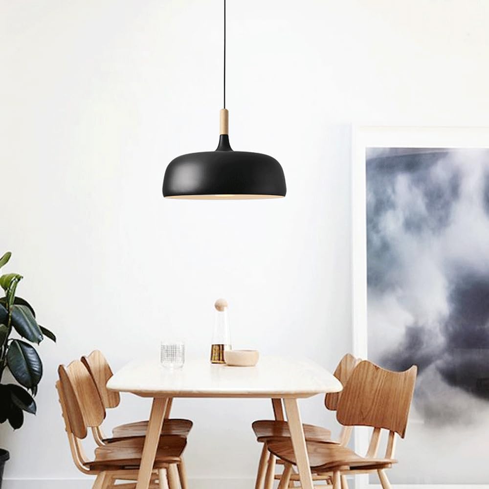 Hanging Ceiling Fixture Metal Wood 12.6 Inch Black Island Dining Kitchen Minimalist Modern Japandi Style Overhead Drop Lamp E27 Socket