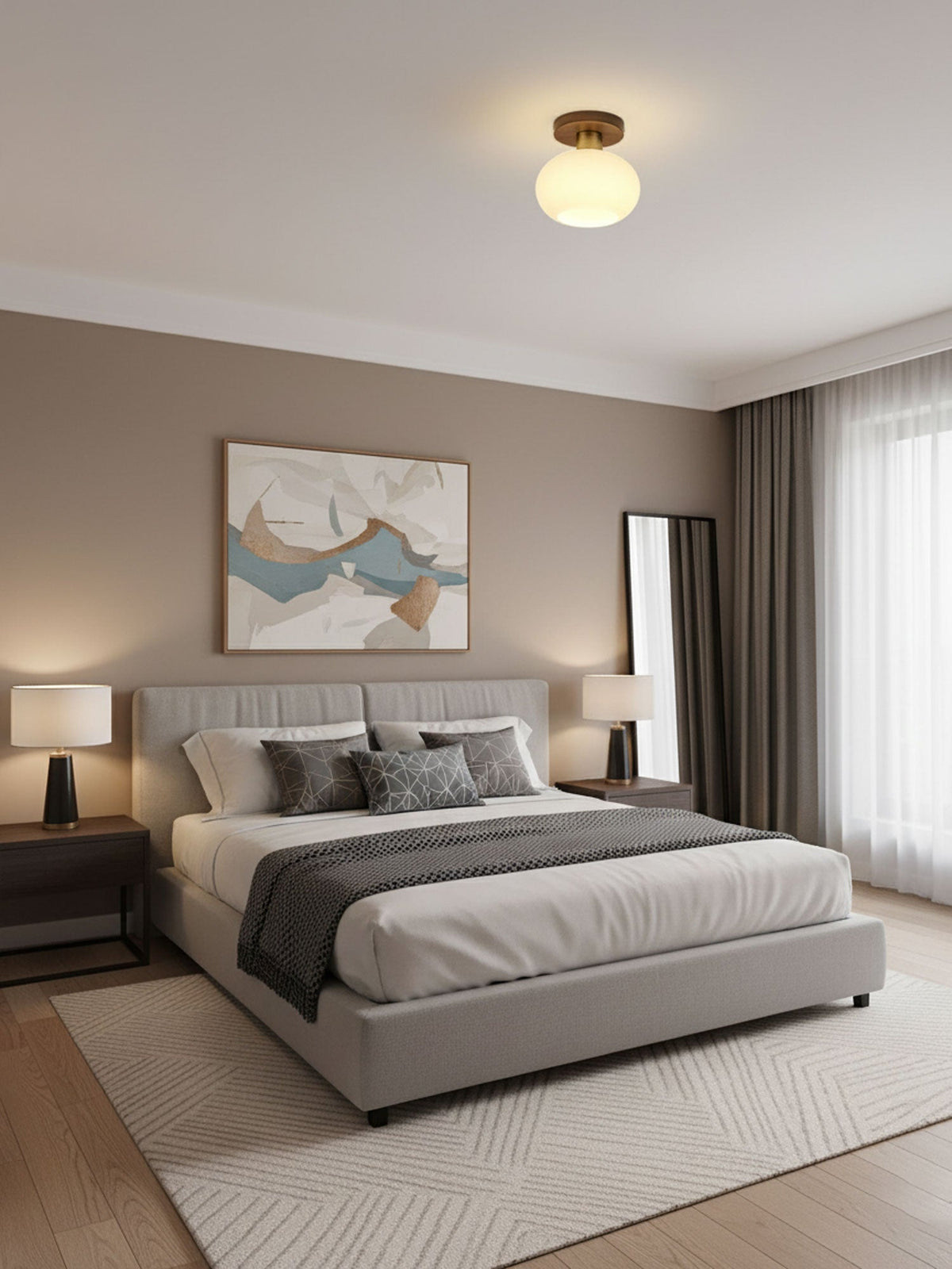 Plafonnier globe encastré avec base en noyer et accents en cuivre pour chambre, entrée ou plafonds bas – Culot E27, abat-jour en verre blanc opale