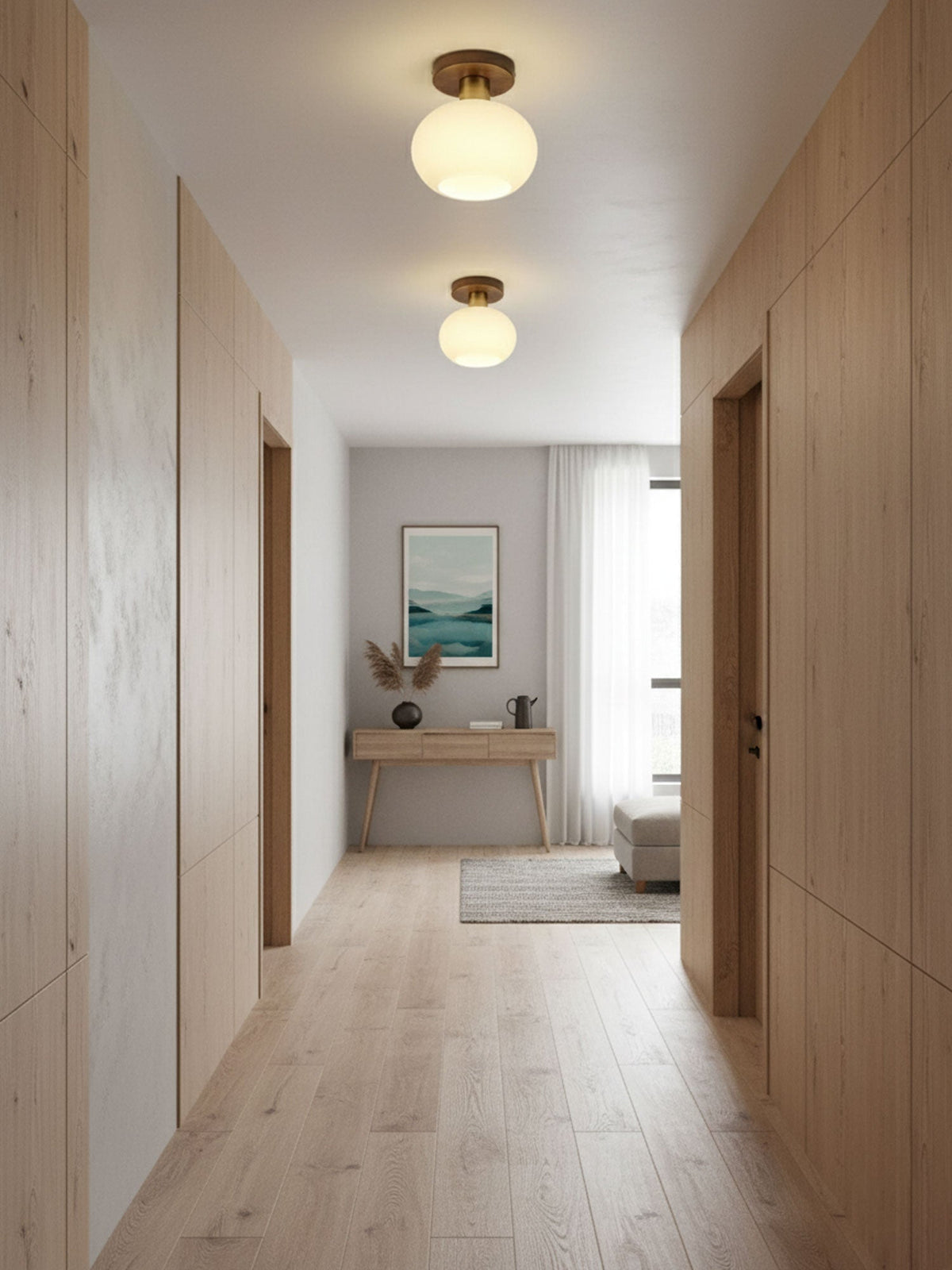 Plafonnier globe encastré avec base en noyer et accents en cuivre pour chambre, entrée ou plafonds bas – Culot E27, abat-jour en verre blanc opale