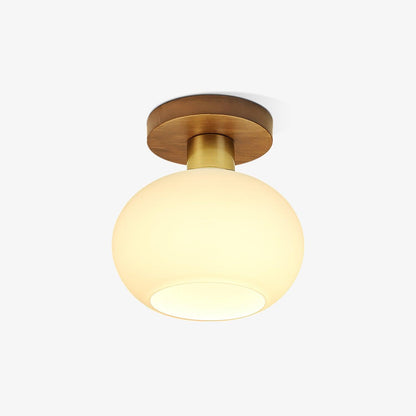 Plafonnier globe encastré avec base en noyer et accents en cuivre pour chambre, entrée ou plafonds bas – Culot E27, abat-jour en verre blanc opale