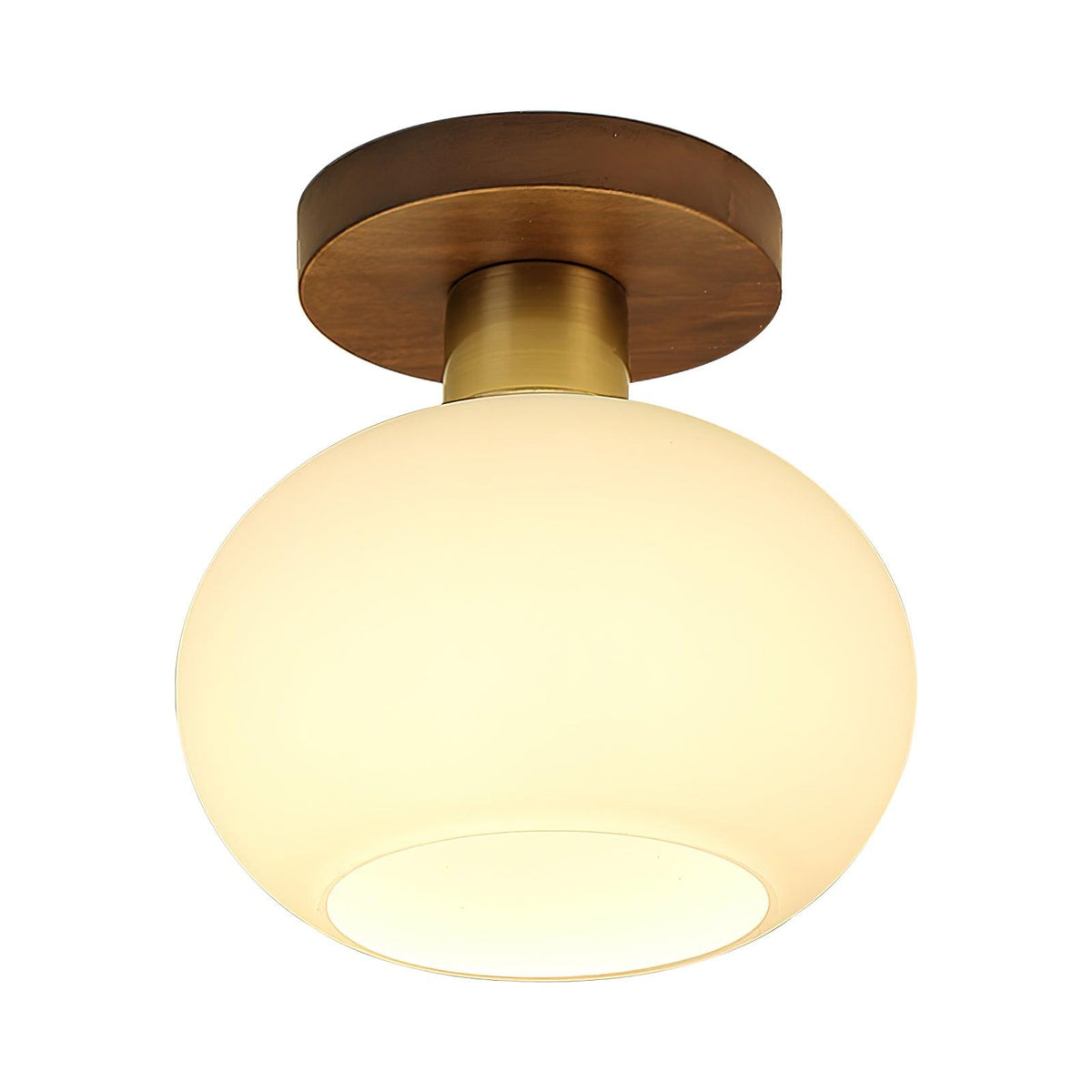 Plafonnier globe encastré avec base en noyer et accents en cuivre pour chambre, entrée ou plafonds bas – Culot E27, abat-jour en verre blanc opale