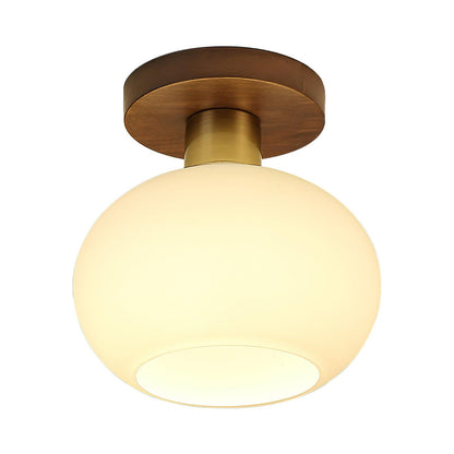 Plafonnier globe encastré avec base en noyer et accents en cuivre pour chambre, entrée ou plafonds bas – Culot E27, abat-jour en verre blanc opale