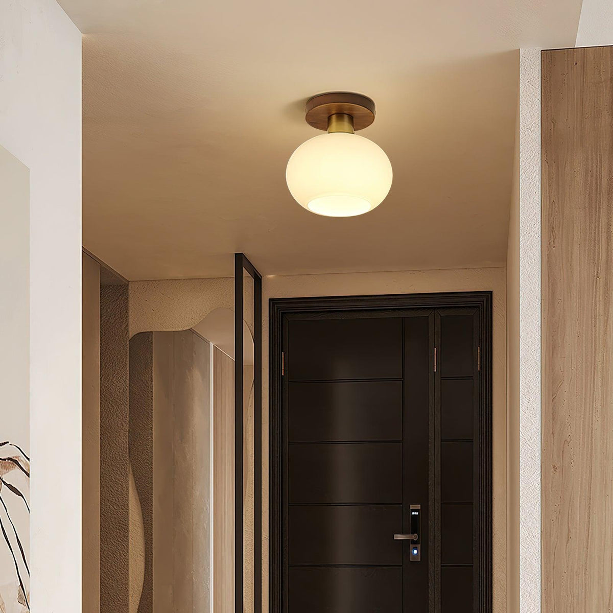 Plafonnier globe encastré avec base en noyer et accents en cuivre pour chambre, entrée ou plafonds bas – Culot E27, abat-jour en verre blanc opale