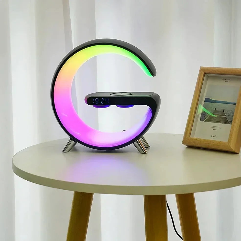 Réveil numérique LED pour table de nuit avec chargeur de téléphone sans fil Qi et haut-parleur Bluetooth pour chambre à coucher 10 po