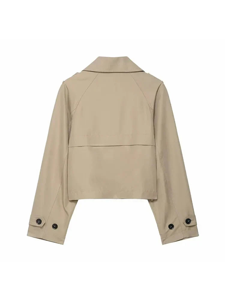 Cropped Double-Breasted Jacket Women's Work Blazer Khaki Brown Short Trench Style Coat Fall Winter Layering Piece Office Casual