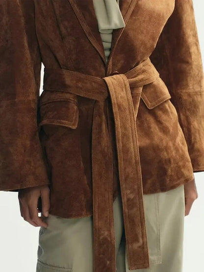 Long Sleeve Lapel Jacket for Women – Suede Coat with Pockets for Fall