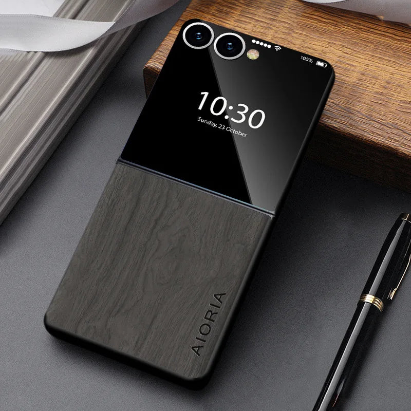 Foldable Phone Case Wood Grain Texture for Samsung Galaxy Z Flip 3 4 5 6 7 8 FE Shockproof PU Cover Anti-Fingerprint