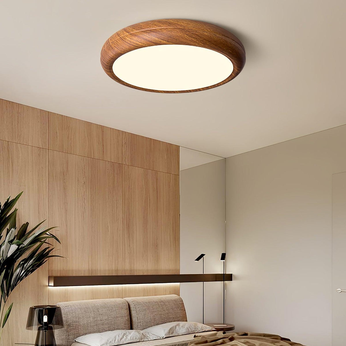 LED Flush Mount Ceiling Fixture 20 in Walnut Finish for Bedroom Living Room Kitchen Low Profile Integrated Light Acrylic Diffuser Modern Min