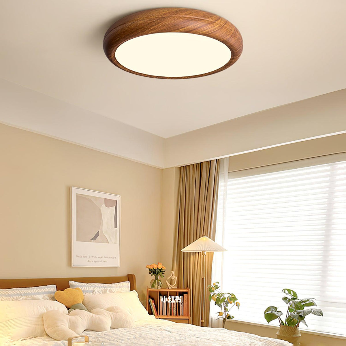 LED Flush Mount Ceiling Fixture 20 in Walnut Finish for Bedroom Living Room Kitchen Low Profile Integrated Light Acrylic Diffuser Modern Min