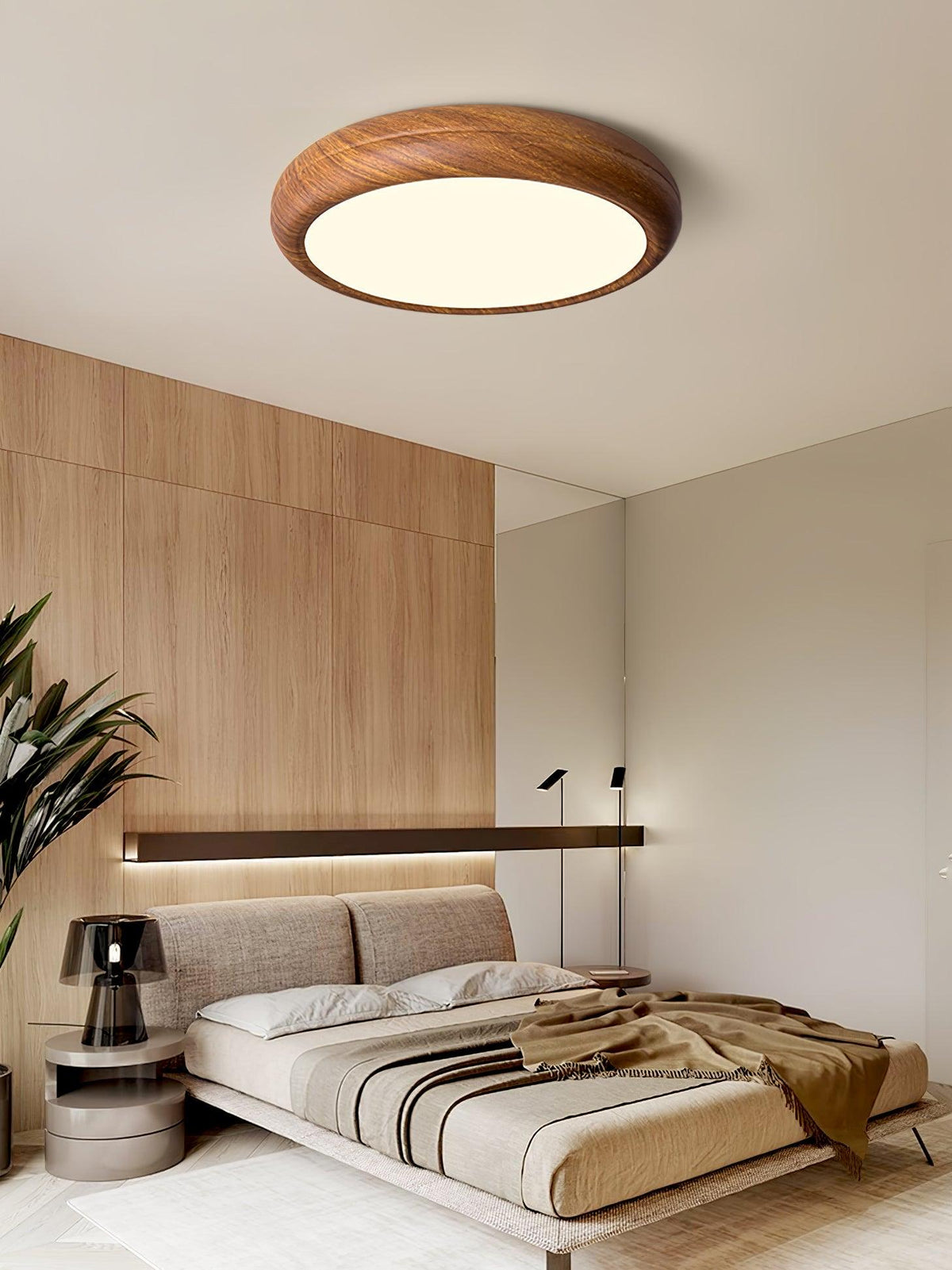 LED Flush Mount Ceiling Fixture 20 in Walnut Finish for Bedroom Living Room Kitchen Low Profile Integrated Light Acrylic Diffuser Modern Min