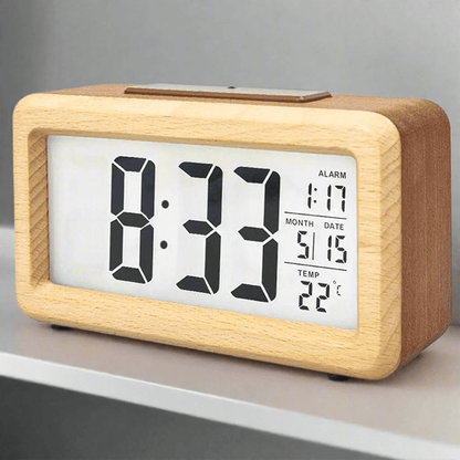 Natural Wood Alarm Clock with LED Display & Temp Monitor