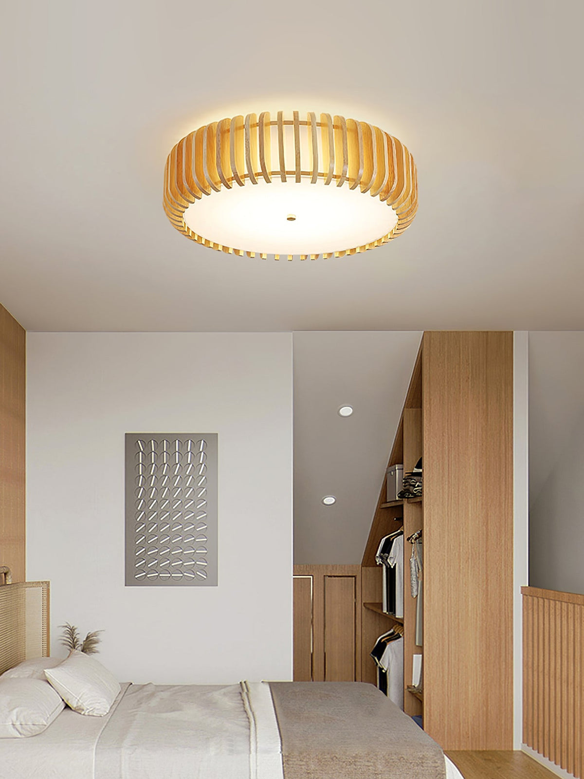 Round Ceiling Light with Wood-Tone Frame and White Diffuser for Dining Room, Living Room, Kitchen, Bedroom | Modern Low-Profile Fixture for