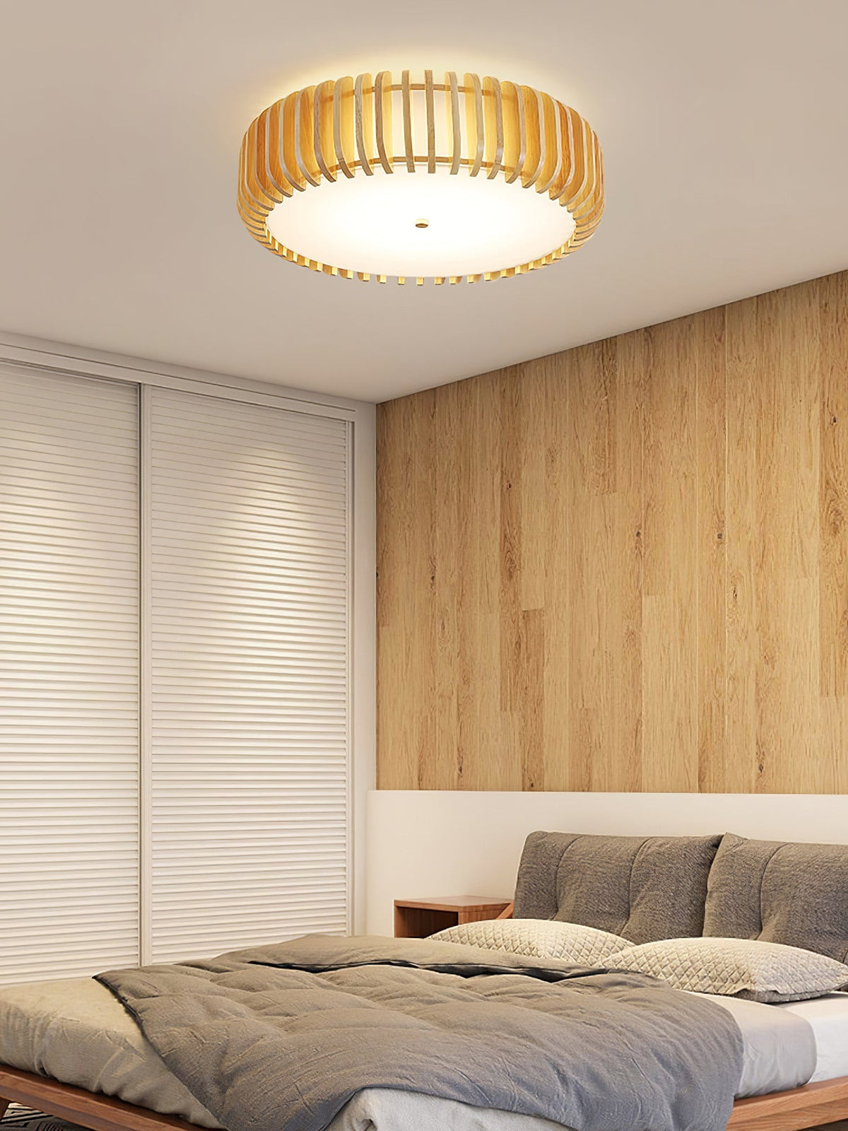 Round Ceiling Light with Wood-Tone Frame and White Diffuser for Dining Room, Living Room, Kitchen, Bedroom | Modern Low-Profile Fixture for