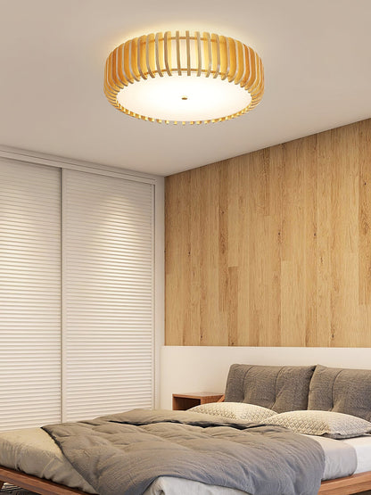 Round Ceiling Light with Wood-Tone Frame and White Diffuser for Dining Room, Living Room, Kitchen, Bedroom | Modern Low-Profile Fixture for