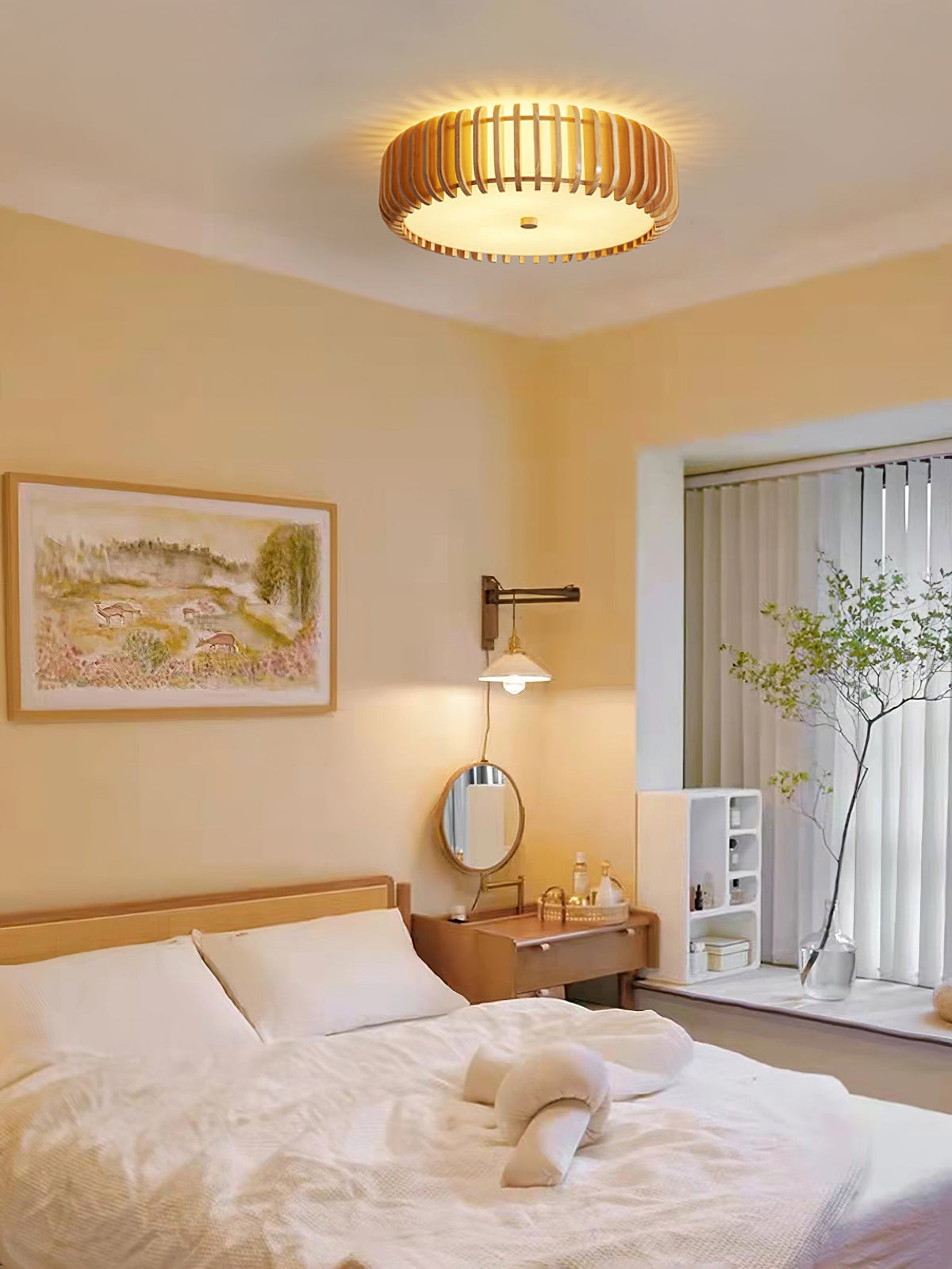 Round Ceiling Light with Wood-Tone Frame and White Diffuser for Dining Room, Living Room, Kitchen, Bedroom | Modern Low-Profile Fixture for