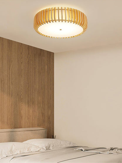 Round Ceiling Light with Wood-Tone Frame and White Diffuser for Dining Room, Living Room, Kitchen, Bedroom | Modern Low-Profile Fixture for