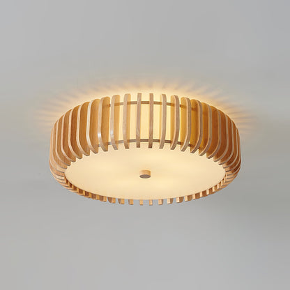 Round Ceiling Light with Wood-Tone Frame and White Diffuser for Dining Room, Living Room, Kitchen, Bedroom | Modern Low-Profile Fixture for