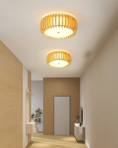 Round Ceiling Light with Wood-Tone Frame and White Diffuser for Dining Room, Living Room, Kitchen, Bedroom | Modern Low-Profile Fixture for