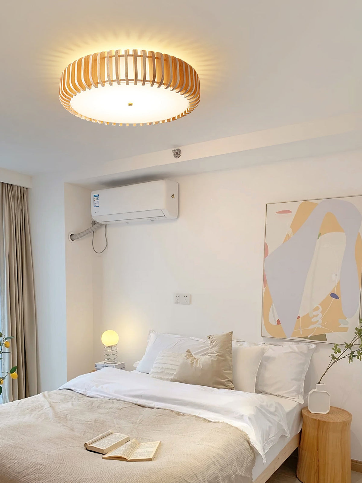 Round Ceiling Light with Wood-Tone Frame and White Diffuser for Dining Room, Living Room, Kitchen, Bedroom | Modern Low-Profile Fixture for