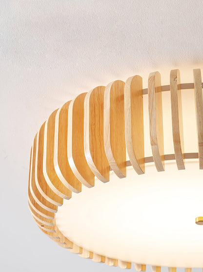 Round Ceiling Light with Wood-Tone Frame and White Diffuser for Dining Room, Living Room, Kitchen, Bedroom | Modern Low-Profile Fixture for