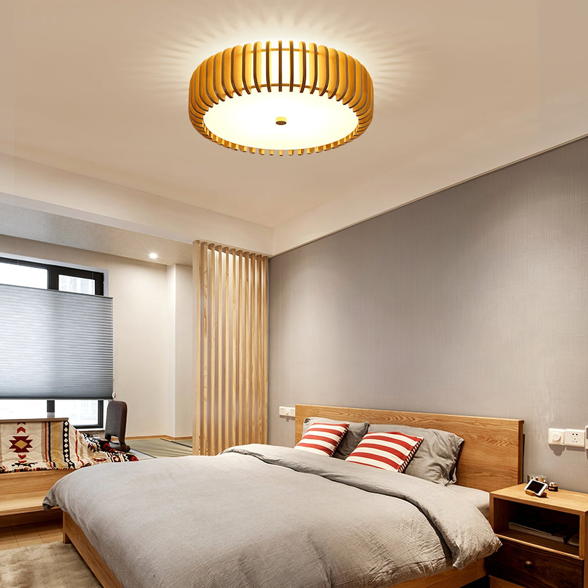 Round Ceiling Light with Wood-Tone Frame and White Diffuser for Dining Room, Living Room, Kitchen, Bedroom | Modern Low-Profile Fixture for
