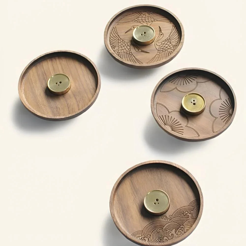 Porte-encens en bois avec insert en cuivre, coupelle récupératrice de cendres, idéal pour bâtonnets et cônes d'encens, usage pour la méditation et les rituels