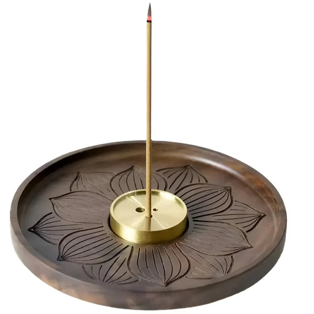 Porte-encens en bois avec insert en cuivre, coupelle récupératrice de cendres, idéal pour bâtonnets et cônes d'encens, usage pour la méditation et les rituels