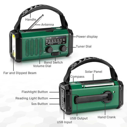 Hand Crank Solar Emergency Radio with Flashlight & Power Bank for Camping Hiking Outdoor Survival Preparedness Backup