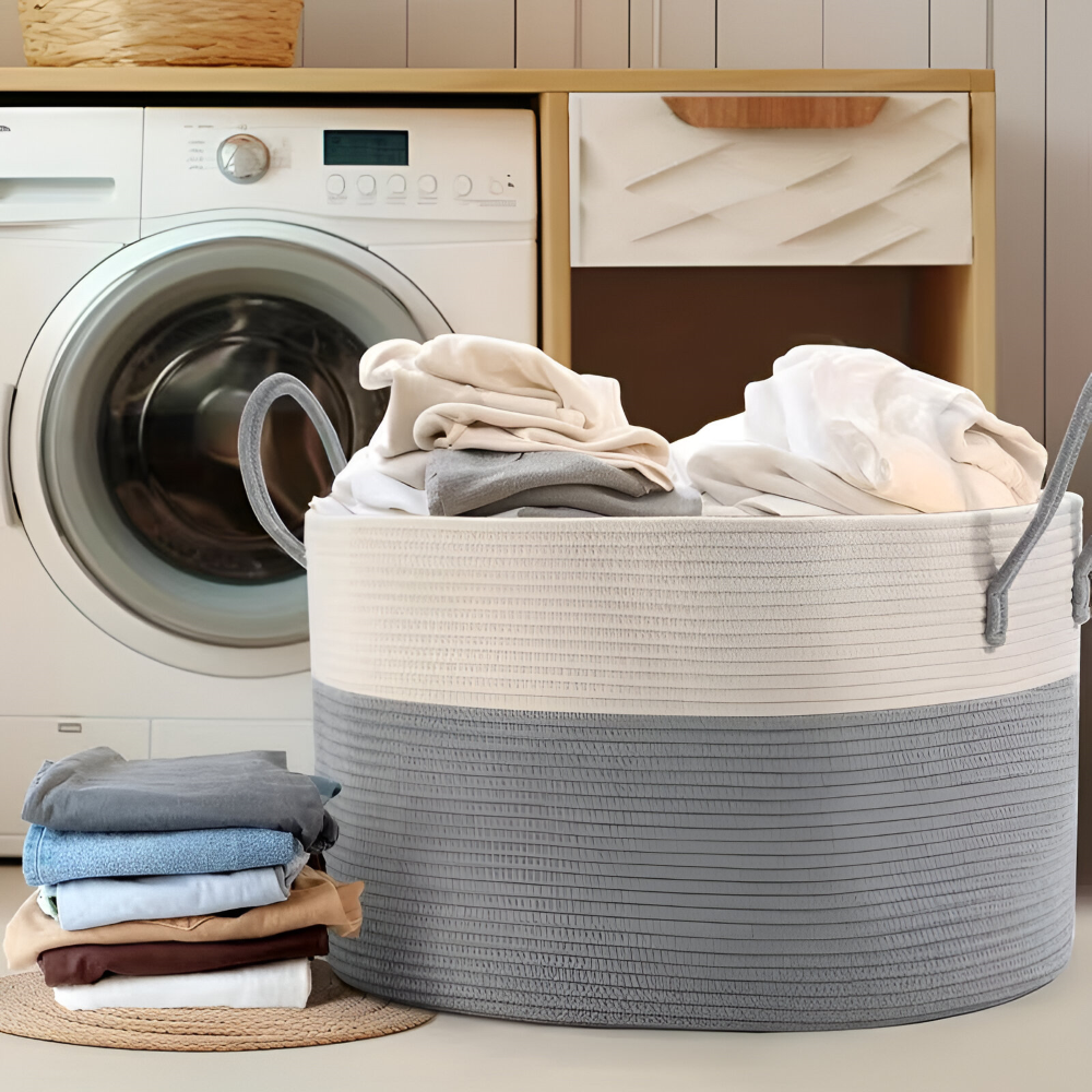 Oversized Woven Storage Basket for Laundry Toys Blankets Round Polyester Organizer with Handles 20x13 inches Brown Gray Two-Tone Home Bedroo