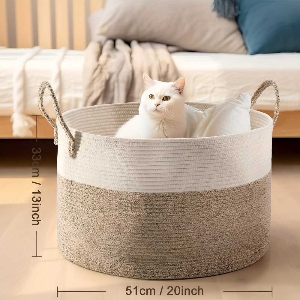 Oversized Woven Storage Basket for Laundry Toys Blankets Round Polyester Organizer with Handles 20x13 inches Brown Gray Two-Tone Home Bedroo