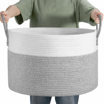 Oversized Woven Storage Basket for Laundry Toys Blankets Round Polyester Organizer with Handles 20x13 inches Brown Gray Two-Tone Home Bedroo