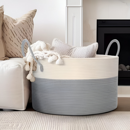 Oversized Woven Storage Basket for Laundry Toys Blankets Round Polyester Organizer with Handles 20x13 inches Brown Gray Two-Tone Home Bedroo