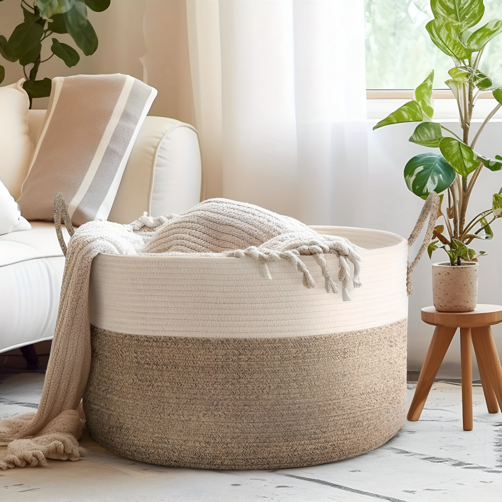 Oversized Woven Storage Basket for Laundry Toys Blankets Round Polyester Organizer with Handles 20x13 inches Brown Gray Two-Tone Home Bedroo