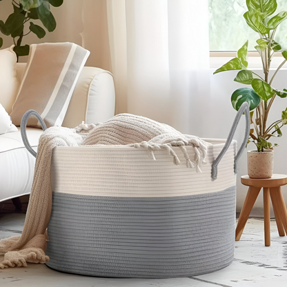 Oversized Woven Storage Basket for Laundry Toys Blankets Round Polyester Organizer with Handles 20x13 inches Brown Gray Two-Tone Home Bedroo