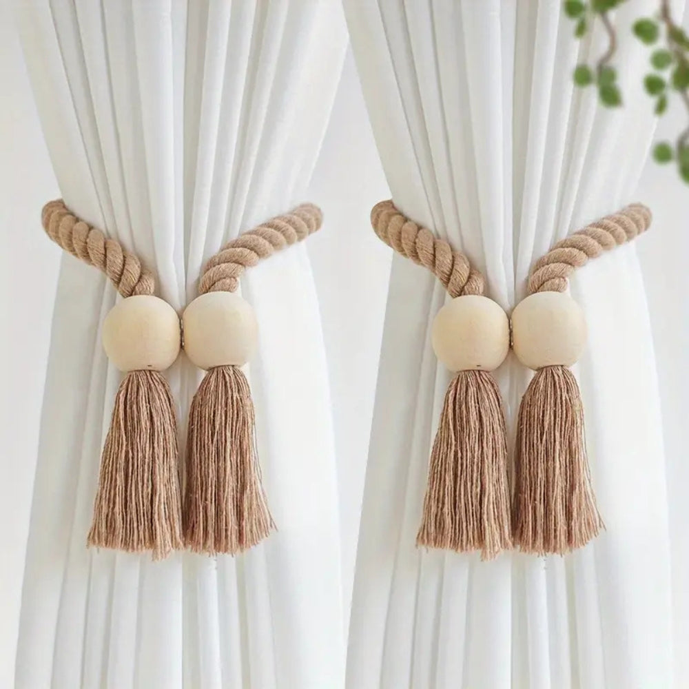 Woven Bead Curtain Tiebacks - Handcrafted Cotton, Rustic Charm