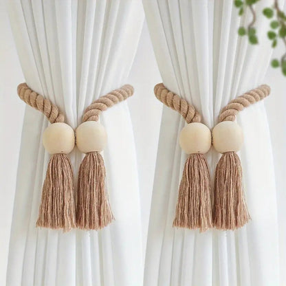 Woven Bead Curtain Tiebacks - Handcrafted Cotton, Rustic Charm