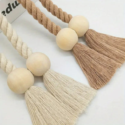 Woven Bead Curtain Tiebacks - Handcrafted Cotton, Rustic Charm