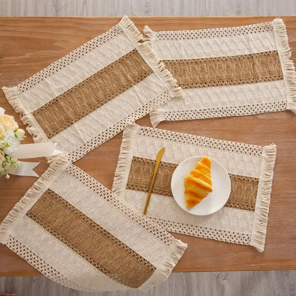 Woven Placemats Set – Boho Cotton and Jute Table Mats with Fringe for Dining Table Protection